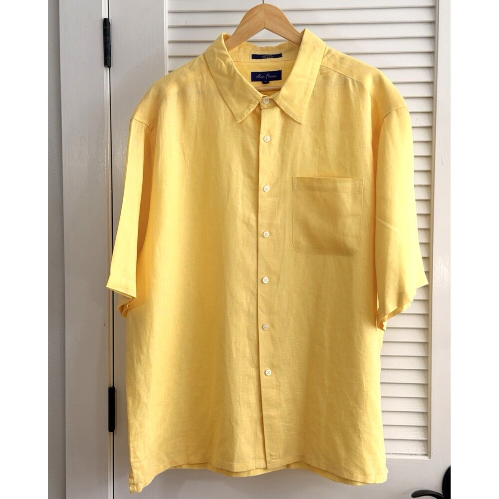 Alan Flusser XXL Yellow 100% Linen Short Sleeve Button Up Shirt Mens